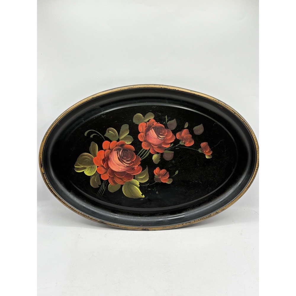 Vintage Mid Century Hand Painted Tole Metal Tray Rose Floral 16" Philadelphia - Picture 2 of 9
